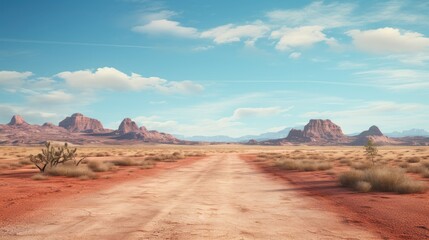 Fototapeta premium A vast desert landscape with a dirt road leading through rocky formations under a blue sky.