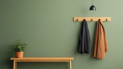 Minimalist entryway featuring a wooden bench, a coat rack with black and brown coats hanging, and a green painted wall background