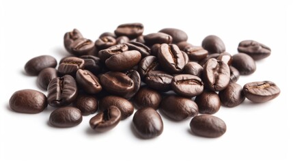 Handful of dark aromatic coffee beans on a clean white background