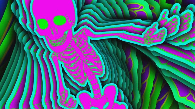 Seamless animation of a thriller dancing skeleton with echo effect. Funny halloween background with cartoon effect