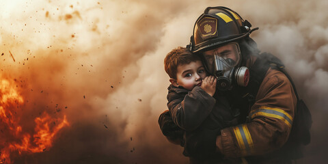 Rescue from fire, Firefighters carrying a child in arms and running away from fire and smoke