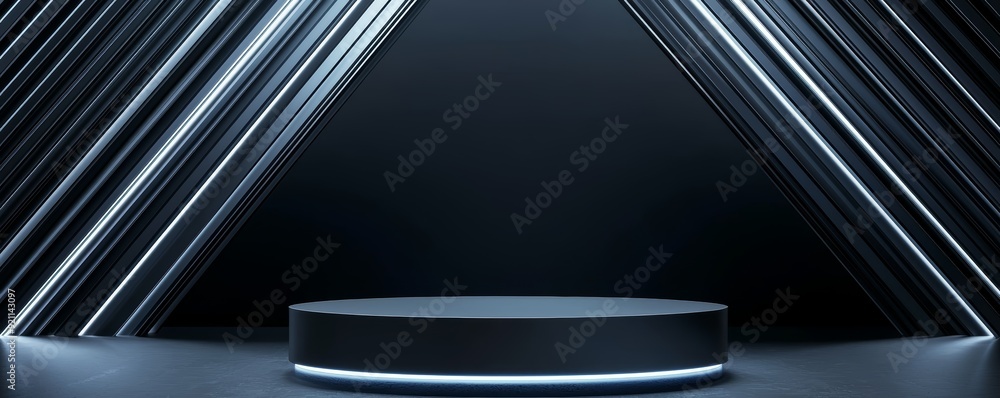 Poster a futuristic podium with sharp, angular lines and a symmetrical design, illuminated by led lights em