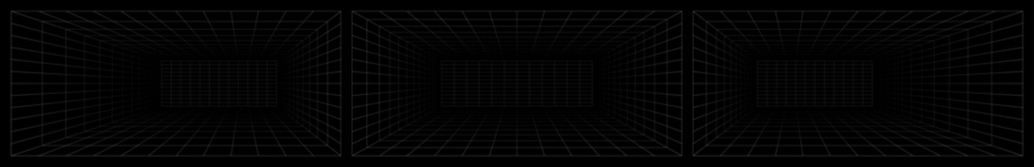 Set of futuristic perspective grid box. Abstract wireframe with white grid line on black background. Virtual reality landscape in 80s 90s digital style. Vector illustration