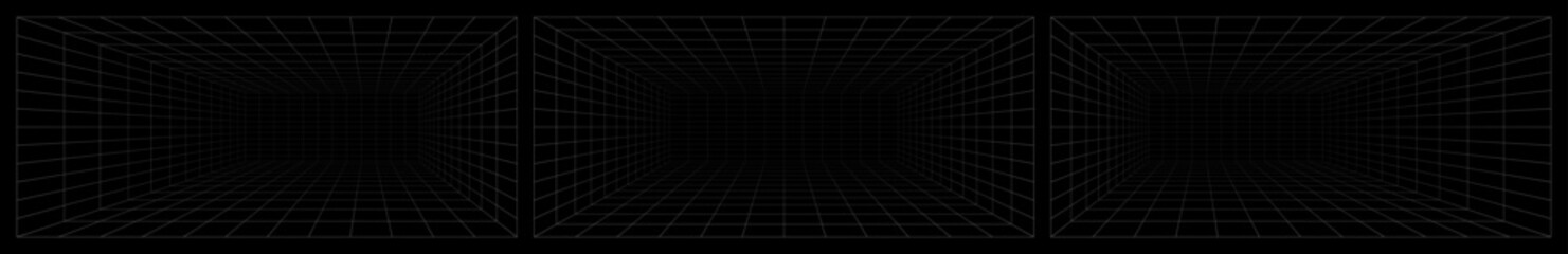 Set of futuristic perspective grid box. Abstract wireframe with white grid line on black background. Virtual reality landscape in 80s 90s digital style. Vector illustration