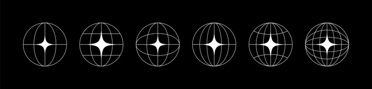 World globe grids in circle form with stars shapes. Linear striped spheres, earth latitude and longitude line grid. Retro futuristic design elements. Vector illustration