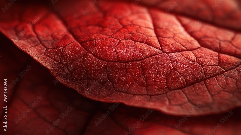 Poster a close-up of a red leaf with a vein-like structure at the end
