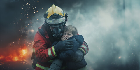 Obraz premium Firefighter carrying a child in arms, rescuing a boy from fire and smoke