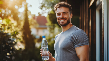 Handsome young 30s sportive man posing outdoors with bottle of water, smile, looking at camera. Sport, healthy lifestyle concept