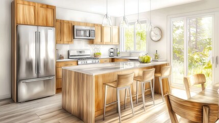 A bright kitchen featuring wooden cabinets, stainless steel appliances, and an island with seating. Large windows allow natural light to fill the space, creating a warm and inviting atmosphere.
