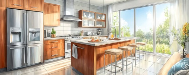 A modern kitchen featuring wooden cabinets, stainless steel appliances, and a large island with stools. The space is bright and airy, with large windows offering views of nature.
