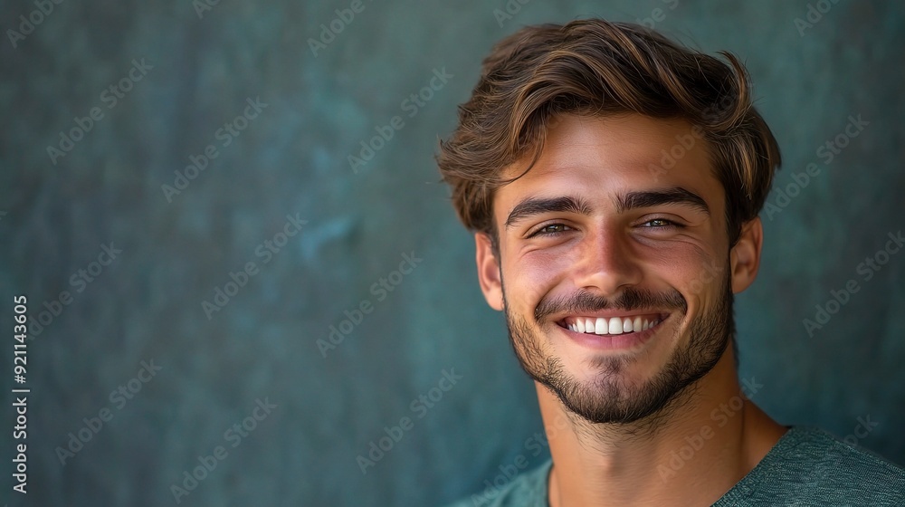 Sticker Smiling Man Portrait: Closeup portrait of a young man with a warm and genuine smile, radiating happiness and confidence. 