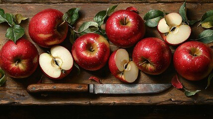   A collection of red apples positioned on a wood-cutting board in proximity to a knife and surrounding greenery