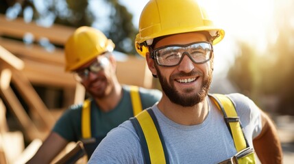 Construction workers in yellow helmets and safety gear stand confidently at a worksite, symbolizing professionalism, readiness, and resilience in the construction industry.