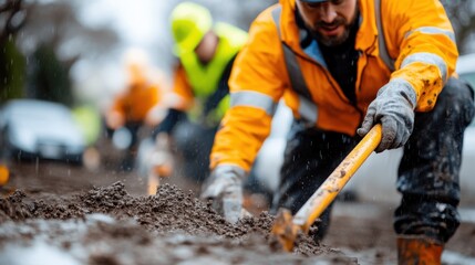 A construction worker is shoveling in muddy conditions at a worksite, showcasing determination and effort amidst challenging weather, under safety precautions. - Powered by Adobe