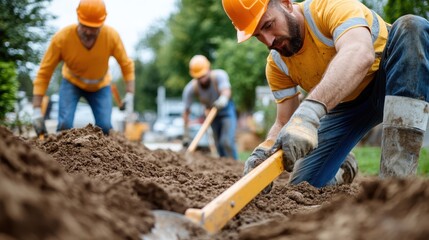 A construction crew is actively working on an earthmoving task, illustrating teamwork, strength, and productivity in shaping the foundation for a new development project.