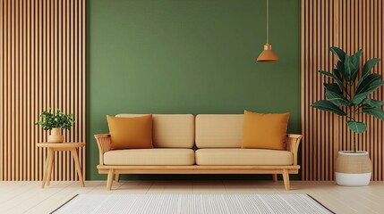 Stylish living room featuring a green accent wall, wooden furniture, a beige sofa with orange pillows, and potted plants, creating a warm and inviting space.
