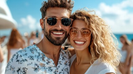 A cheerful couple is captured smiling in the sunlight, wearing sunglasses and casual summer clothing, enjoying a joyful and relaxing yacht cruise on a clear sunny day.