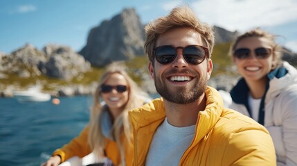 Fototapeta premium Three friends, wearing stylish sunglasses and jackets, smile warmly at the camera while enjoying a refreshing boat ride surrounded by stunning mountainous scenery.