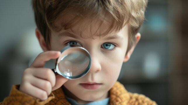 Boy examining something closely with a magnifying glass
