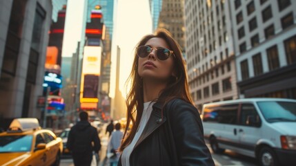 Fashionable modern woman walking or standing in a bustling city environment