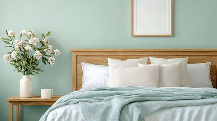 Cozy bedroom featuring a wooden bed, soft pastel bedding, and floral decor, bathed in natural light for a serene atmosphere.