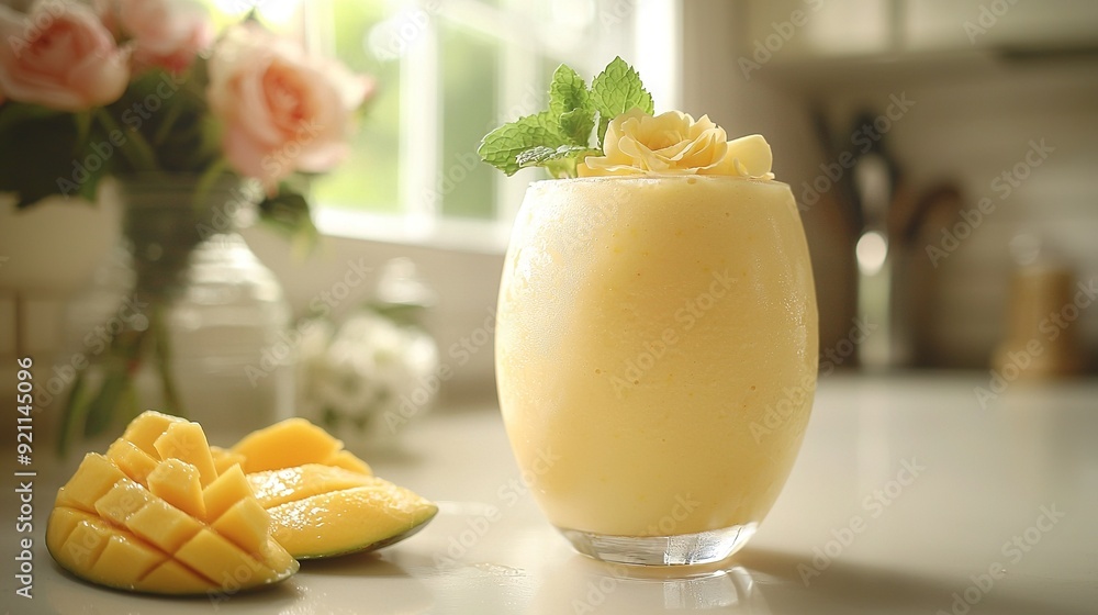 Poster a zoomed-in image of a glass on a table beside a flower vase and a fragment of fruit