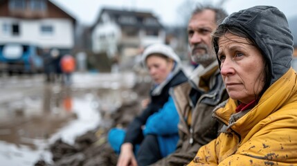 Group of people sitting on the ground, looking worried and exhausted, in aftermath of a flood disaster, capturing the somber and challenging post-crisis environment.