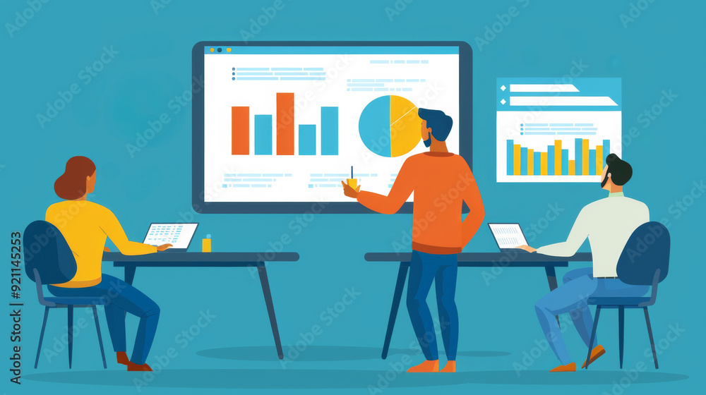 Poster three people are sitting at a table in front of a large screen with graphs