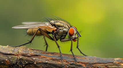 Fototapeta premium Macro shot of a house fly on a branch