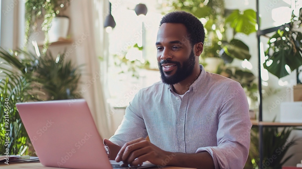 Canvas Prints Focused on Success: A confident, smiling businessman works diligently on his laptop in a modern, plant-filled office, showcasing a sense of dedication and achievement.  