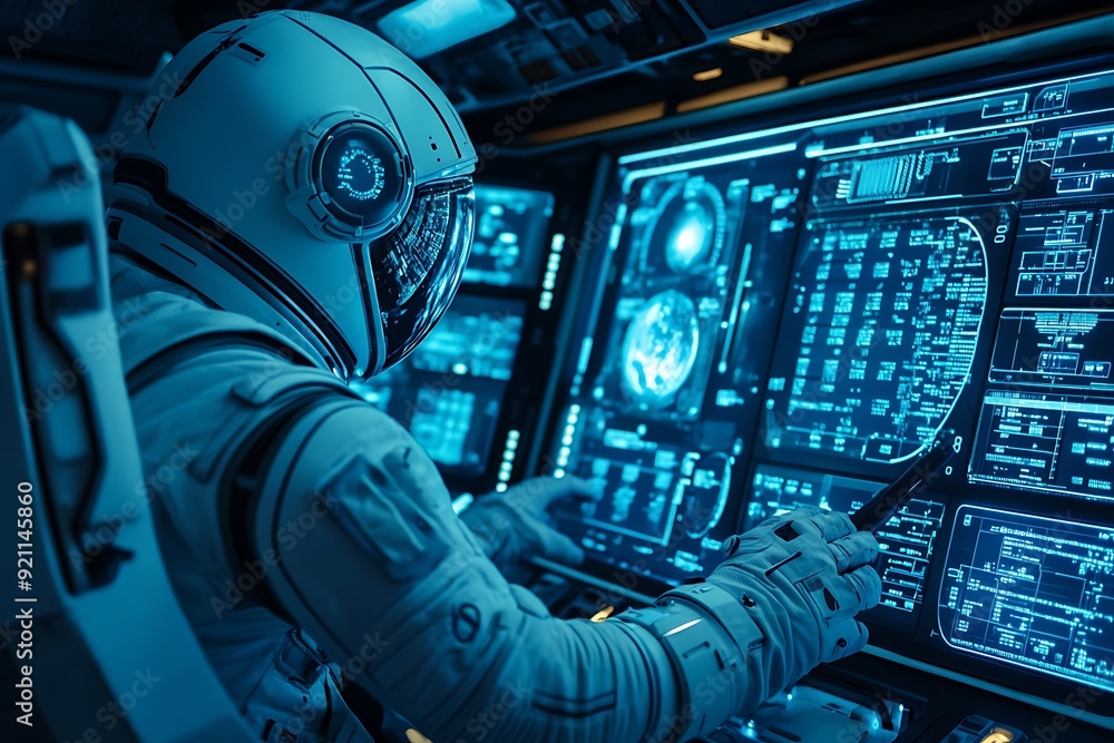 Poster futuristic space station monitoring - astronaut operating digital control panel in orbit around eart
