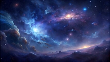 Fototapeta premium Majestic cosmic landscape with distant galaxies and stars, deep space horizon