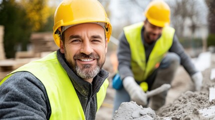 A safety-vest and helmet-wearing construction worker smiles at the camera with a colleague working in the background, highlighting teamwork and safety on the construction site.