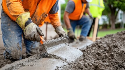 Two construction workers smoothing freshly poured cement at a worksite, focusing on ensuring level surfaces as part of building construction, demonstrating teamwork and craftsmanship.