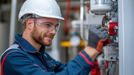 An engineer in a white helmet and safety glasses handles machinery component with tools and precision, highlighting technical skill, safety, and professionalism in a factory setting.