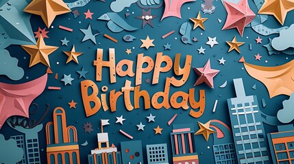A superhero-themed paper art banner featuring "Happy Birthday" letters in comic book style, surrounded by paper capes, masks, and stars,