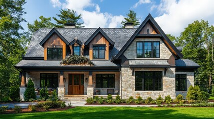 A traditional 2-storey house with a pitched roof, dormer windows, and a classic exterior design featuring stone and wood elements.