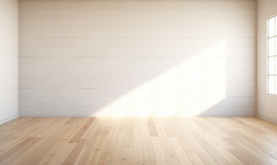 Empty Minimalist Room with Sunlight Streaming Through Window, Casting Shadows on Light Wood Floor, White Room