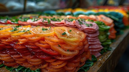 Fototapeta premium A cutting board filled with diced tomatoes and assorted vegetables, topped with various condiments