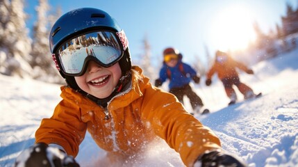 A dynamic group enjoying skiing and playing in the snow, showcasing active lifestyles and winter fun in a picturesque snowy outdoor setting with bright sunlight.