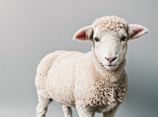 A baby sheep is standing in front of a grey wall