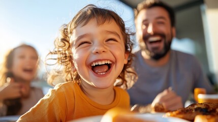 A curly-haired child laughing heartily during a sunny outdoor family gathering, with happy parents blurred in the background, capturing a moment of pure joy.