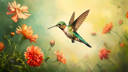 Fototapeta premium Hummingbird hovering near flowers 