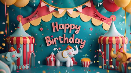 A vibrant paper art banner with "Happy Birthday" letters encircled by paper clowns, elephants, and circus tents, set against a lively circus backdrop with confetti and balloons, hd quality,