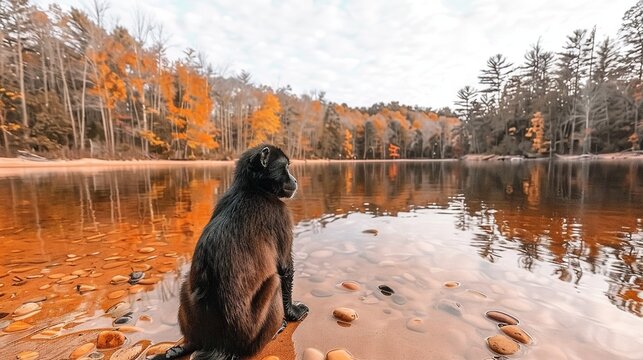   A monkey perched on a rock beside a water body with a lush forest in the backdrop and boulders upfront
