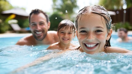 A family, including parents and children, enjoying their time swimming in a pool, all smiling, radiating joy and togetherness under the sunny weather, ideal for summer vacations.
