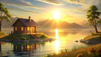 Fototapeta premium A cozy cabin by a peaceful lake during a golden sunset.