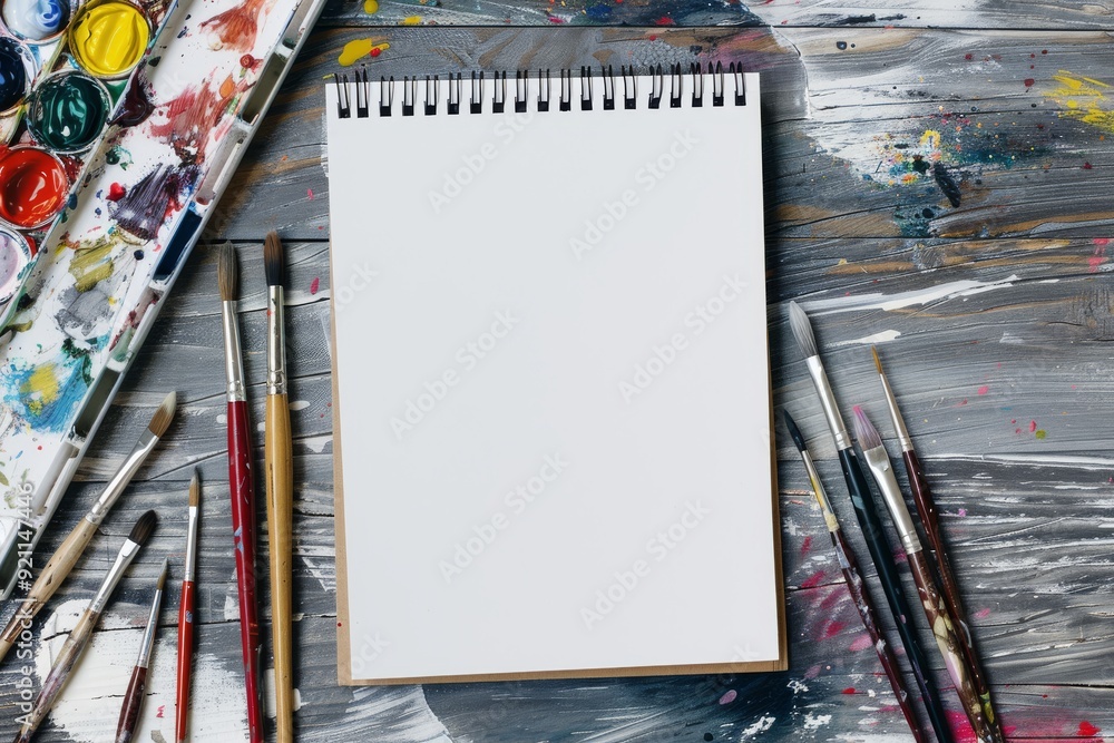 Poster a sketchbook rests beside an array of vibrant paintbrushes and a visually striking palette, creating