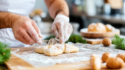 A baker's hands in gloves are skillfully preparing pastries on a wooden surface dusted with flour, featuring a cozy kitchen environment and fresh ingredients.