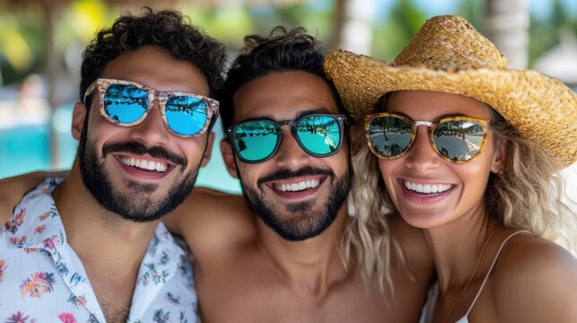 Three friends pose together with big smiles for a delightful photo at the beach, their sunglasses reflecting the sun, enjoying the fun and carefree vibes of a summer day.